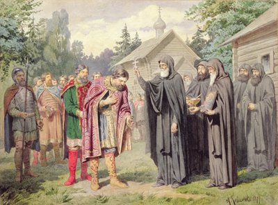 Hertog Dimitry en St. Sergy bij Redonezh voor de slag met de Tartaren, 1880 door Aleksei Danilovich Kivshenko